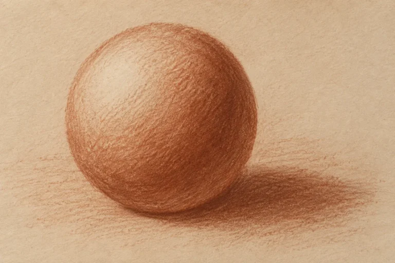 Esfera dibujada a sanguina sobre papel crema oscuro, iluminada desde arriba a la izquierda y con sombra proyectada a la derecha