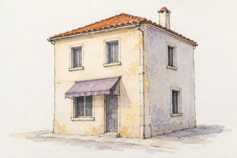 Casa de esquina de dos plantas dibujada con tinta y acuarela, con ventanas, cubierta terracota, chimenea y toldo morado