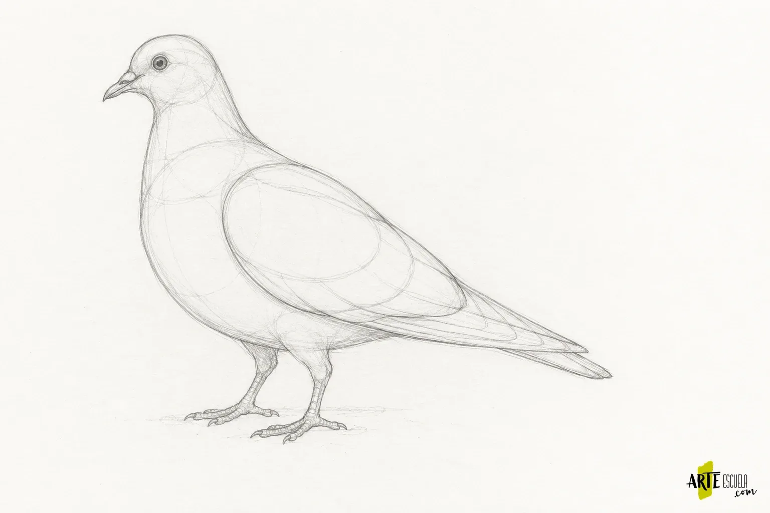 Anatomía animal para dibujar: compara el esqueleto de un mamífero y un ave Encaje de una paloma de perfil con masa corporal, ala plegada y apoyos
