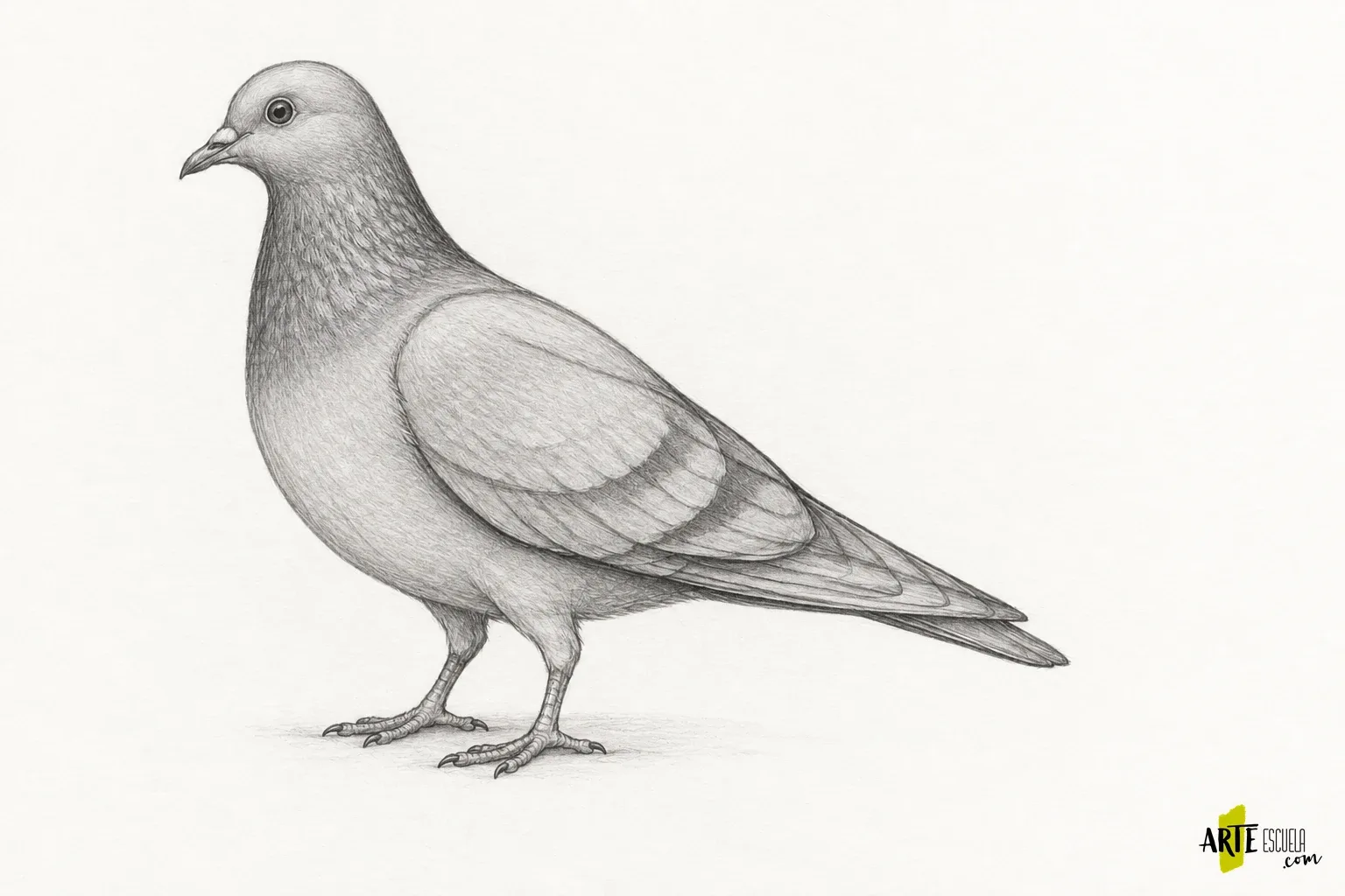 Anatomía animal para dibujar: compara el esqueleto de un mamífero y un ave Paloma terminada a grafito con ala plegada, plumaje agrupado y dedos apoyados