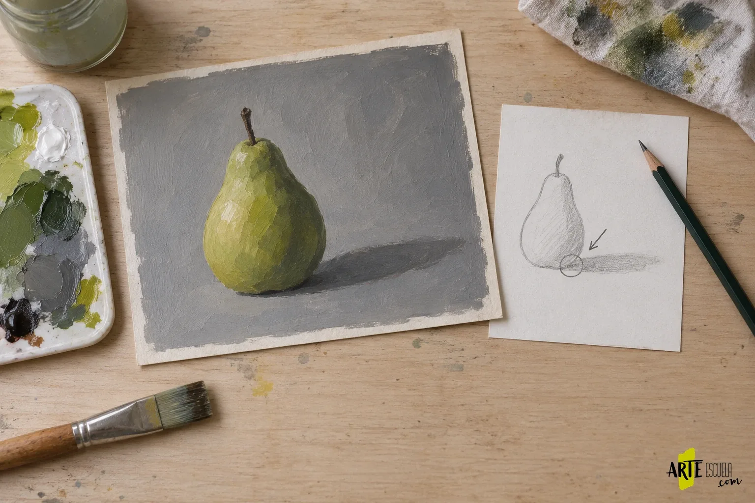 Cómo aprovechar las correcciones de un profesor de pintura: del comentario a un ejercicio Estudio pintado de una pera junto a un esquema que señala su contacto con la sombra