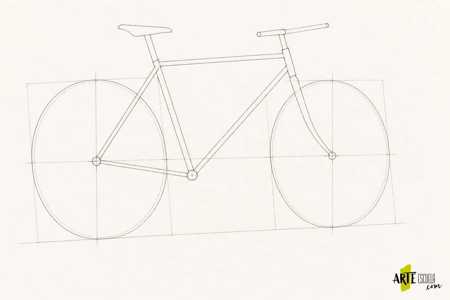 Cómo dibujar una bicicleta: alinea ruedas, ejes y elipses Encaje de una bicicleta con ruedas en perspectiva, guías de posición y estructura simplificada del cuadro
