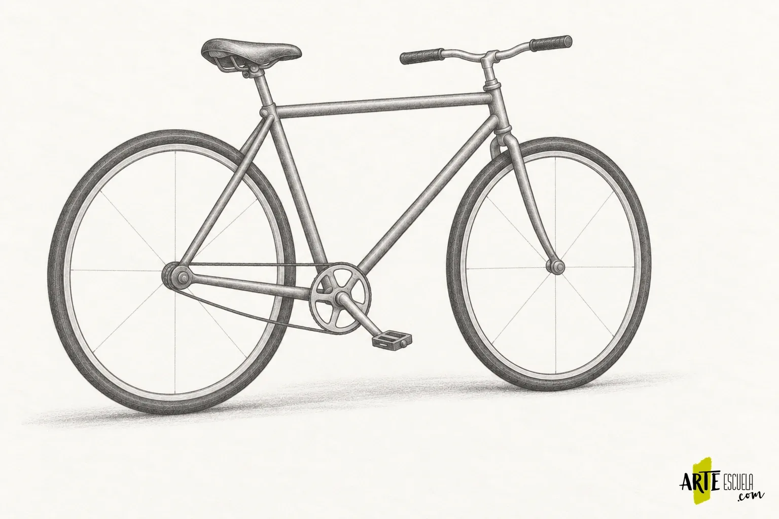 Cómo dibujar una bicicleta: alinea ruedas, ejes y elipses Bicicleta con cuadro, horquilla y neumáticos modelados, todavía con pocos radios y cadena simplificada