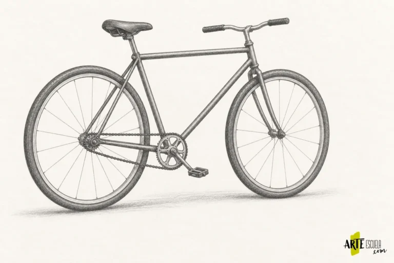 Bicicleta terminada a grafito con ruedas alineadas, cuadro legible y detalles mecánicos selectivos