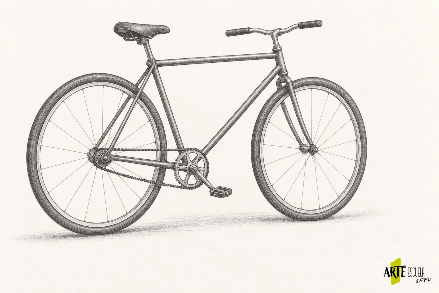 Cómo dibujar una bicicleta: alinea ruedas, ejes y elipses Bicicleta terminada a grafito con ruedas alineadas, cuadro legible y detalles mecánicos selectivos