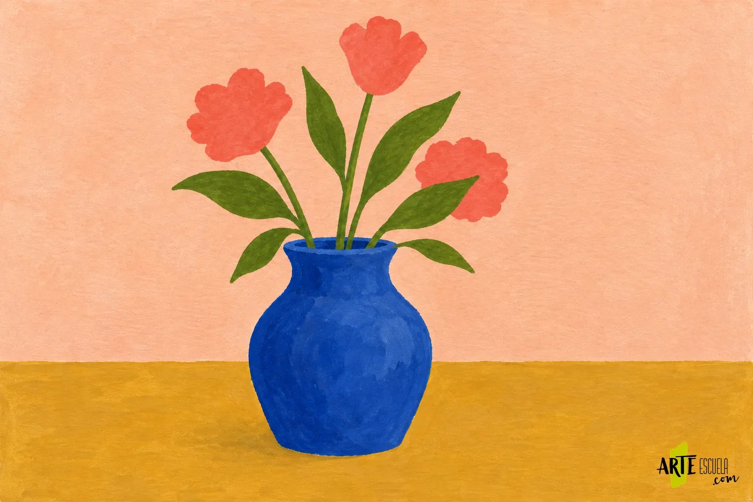 Cómo pintar un bodegón de flores con gouache: siluetas y colores planos Tres flores coral y hojas verdes superpuestas sobre el mismo jarrón azul pintado con gouache