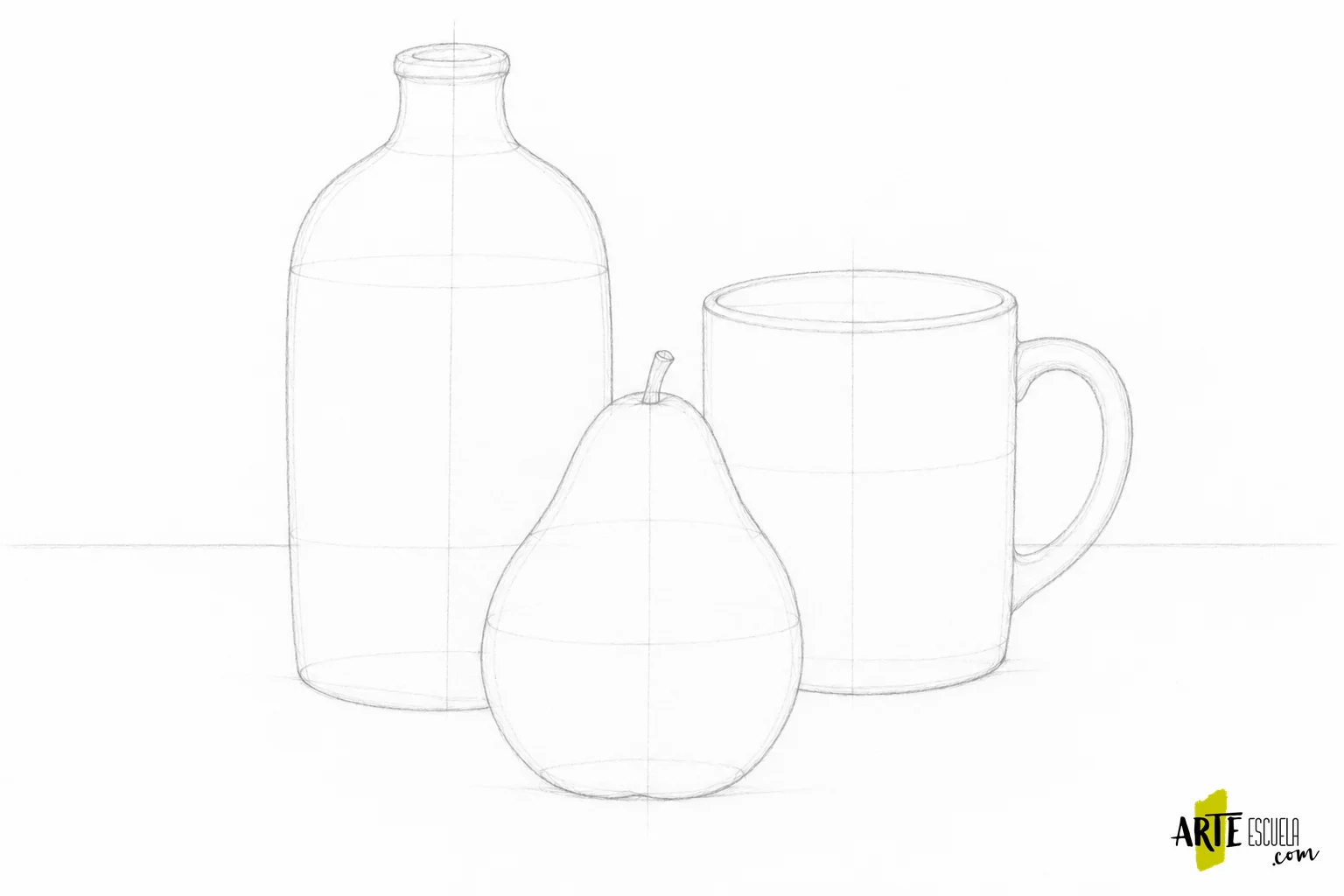 Cómo dibujar un bodegón a lápiz: organiza tres objetos y sus valores Encaje a lápiz de una botella detrás a la izquierda, una taza con asa a la derecha y una pera delante