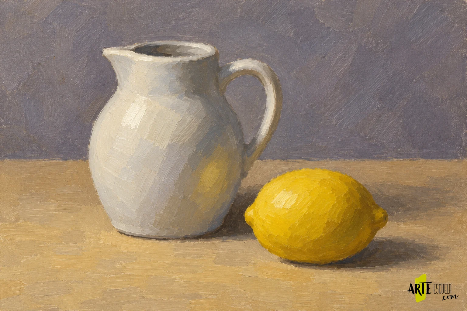 Cómo pintar un bodegón al óleo: composición, valores y capas de un estudio sencillo Bodegón terminado al óleo con jarra blanca y limón amarillo iluminados desde la izquierda