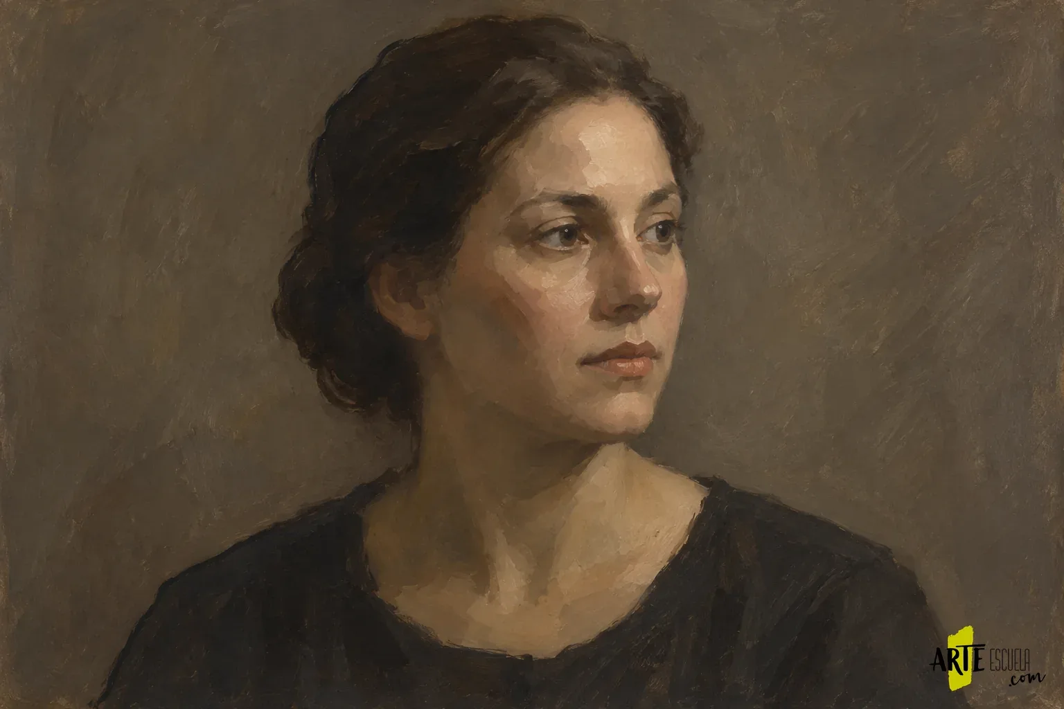 Cómo pintar bordes perdidos en un retrato al óleo sin desenfocarlo todo Retrato al óleo con una separación continua entre el cabello oscuro, el hombro y el fondo pardo