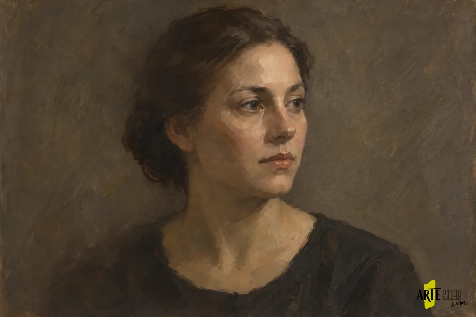 Cómo pintar bordes perdidos en un retrato al óleo sin desenfocarlo todo Mismo retrato con el borde del cabello y parte del hombro izquierdo integrados en el fondo