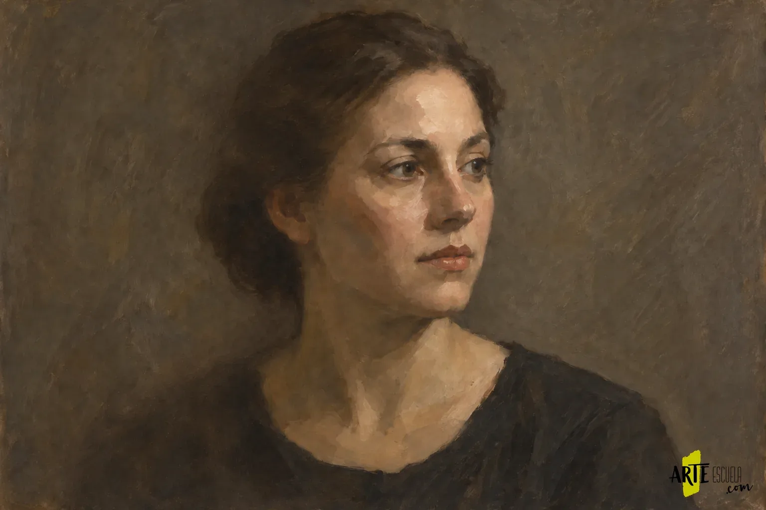 Cómo pintar bordes perdidos en un retrato al óleo sin desenfocarlo todo Retrato terminado con bordes perdidos en cabello y hombro y acentos selectivos en el rostro