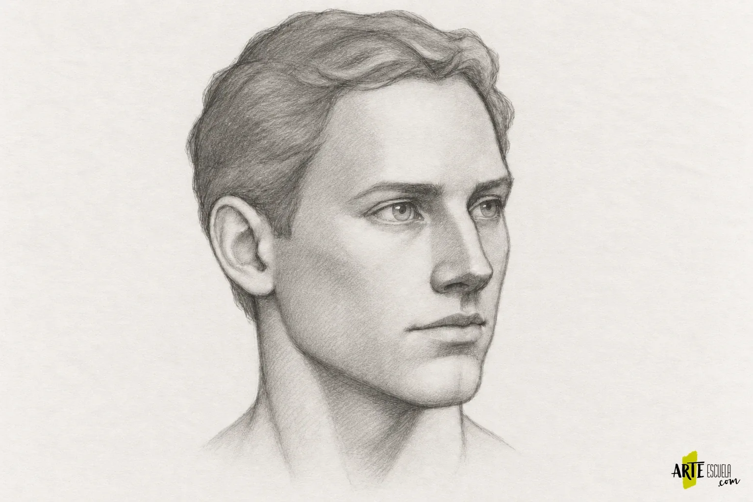 Cabeza en tres cuartos: cómo colocar los rasgos sobre un volumen Retrato en tres cuartos terminado a grafito con planos de mejilla y rasgos integrados