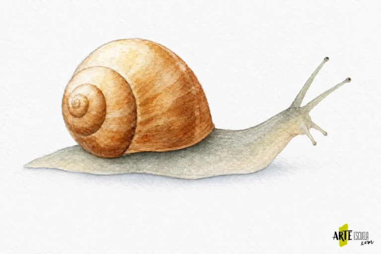 Caracol en acuarela terminado, con concha cálida de espiral modelada, tentáculos finos y sombra suave de apoyo