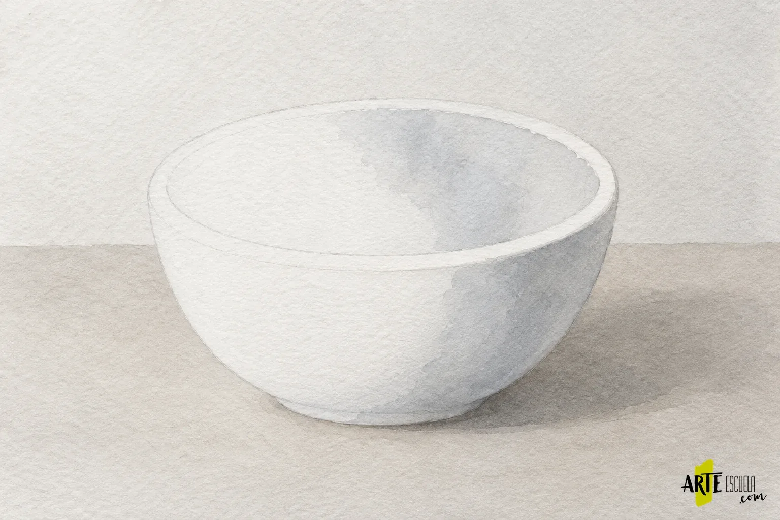 Cómo pintar cerámica blanca en acuarela: volumen con el blanco del papel Cuenco blanco en acuarela con encaje suave y primeras sombras grises a la derecha
