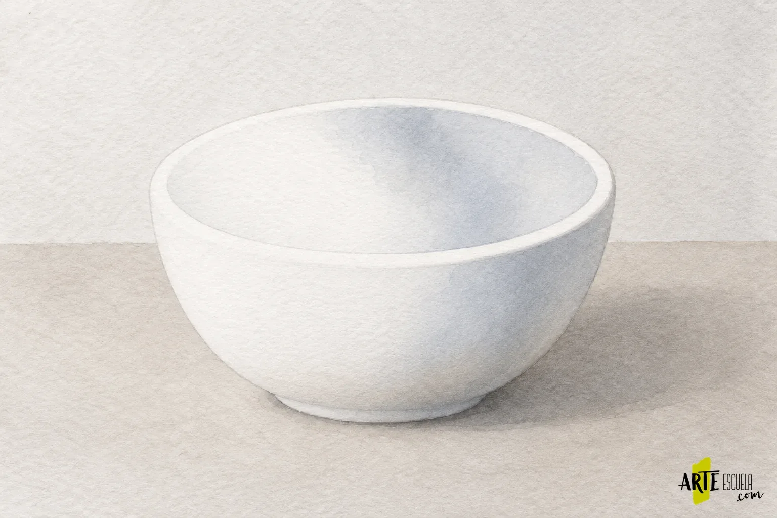 Cómo pintar cerámica blanca en acuarela: volumen con el blanco del papel Volumen de un cuenco blanco construido con sombras transparentes y reflejo cálido junto a la base