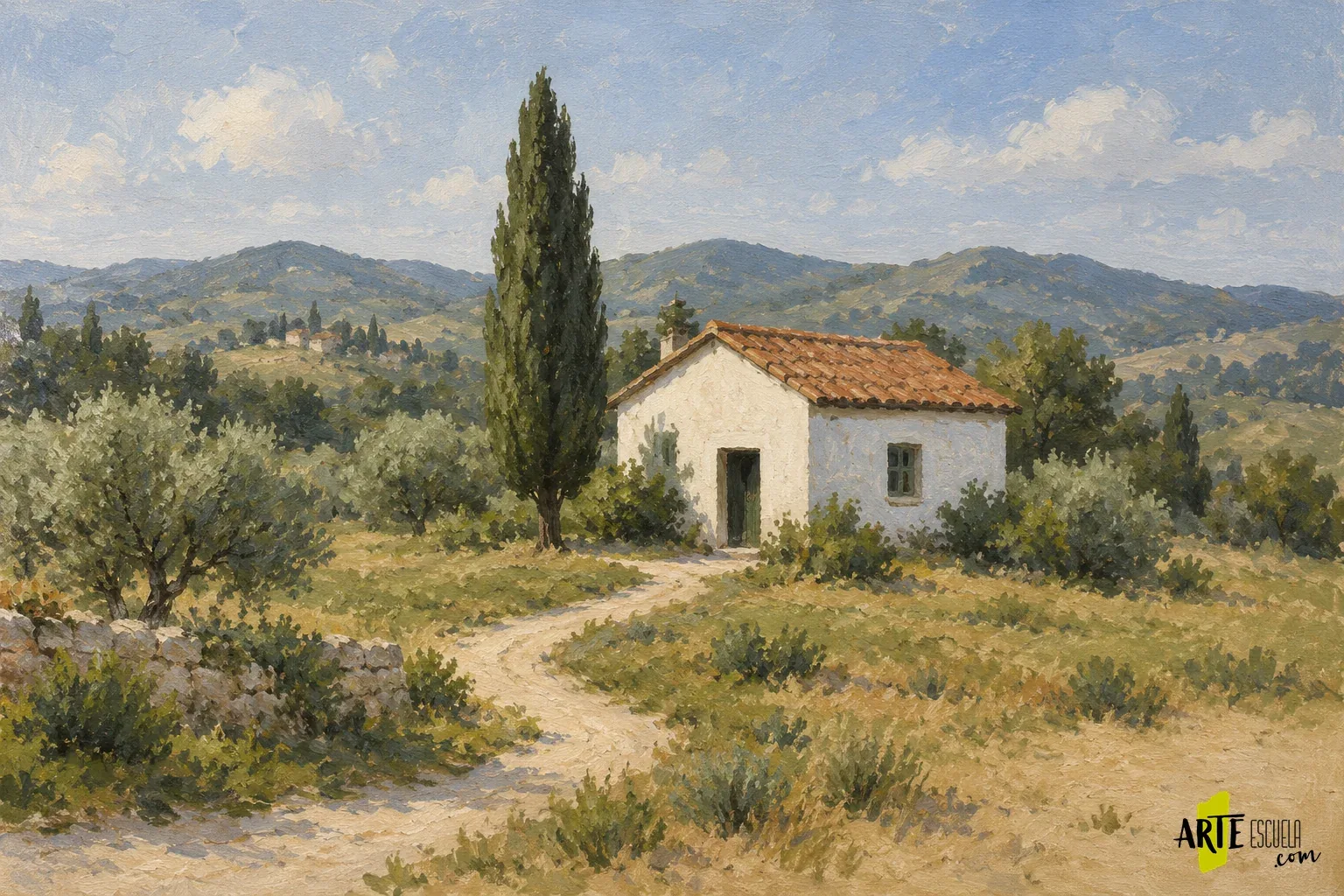 Clave alta y clave baja en pintura: dos estudios del mismo paisaje Estudio de paisaje con una casa, un ciprés y un camino organizado en valores medios