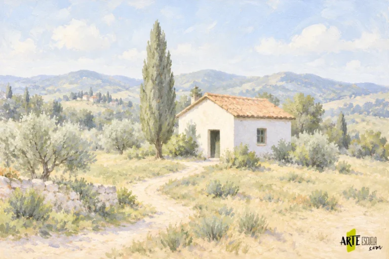 Clave alta y clave baja en pintura: dos estudios del mismo paisaje La misma casa y ciprés pintados en clave alta con valores claros y pequeños acentos oscuros