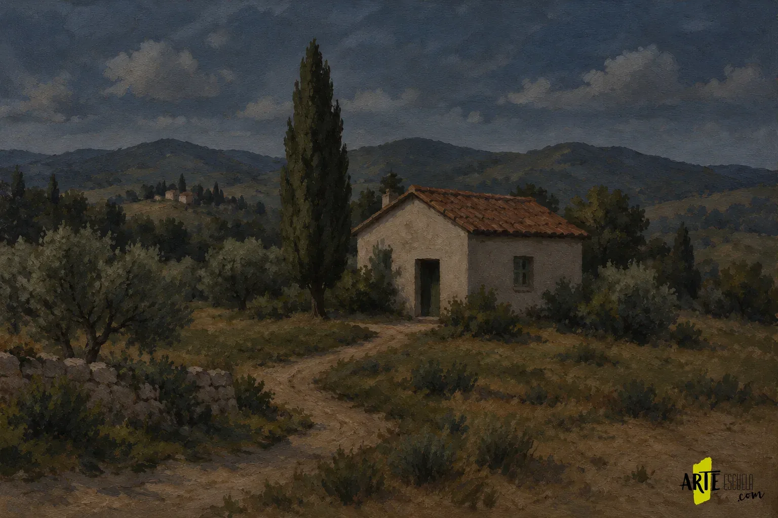 Clave alta y clave baja en pintura: dos estudios del mismo paisaje Versión de clave baja del mismo paisaje con colores oscuros diferenciados y una pared relativamente clara