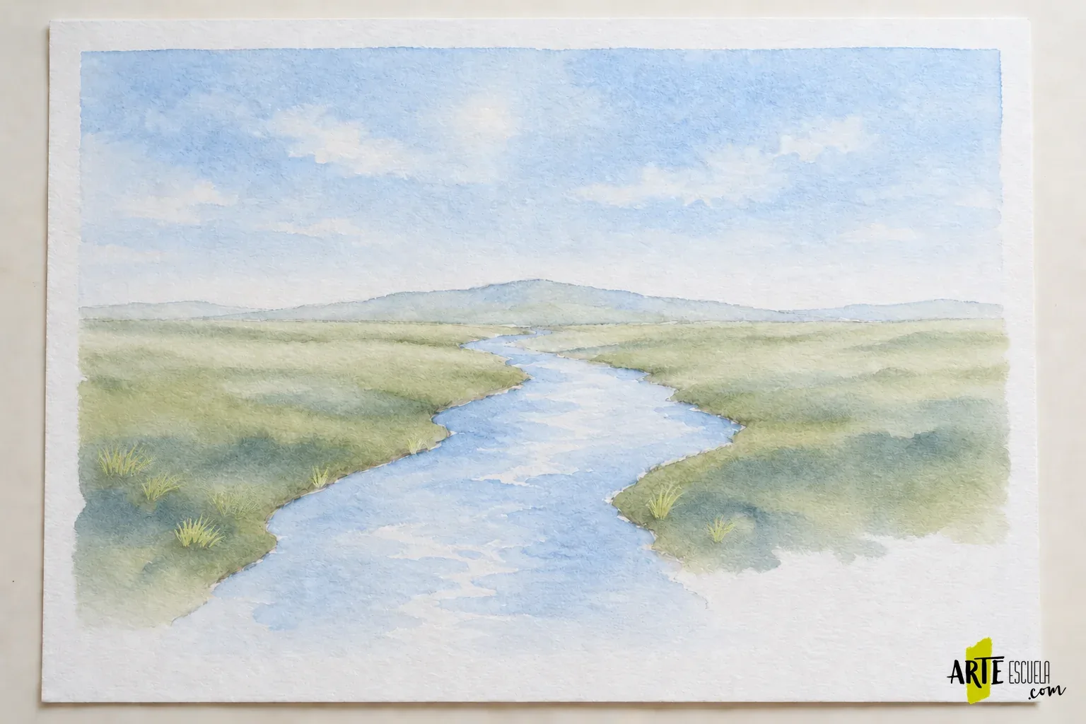 Cómo combinar acuarela y gouache sin perder las zonas transparentes Paisaje terminado con pequeñas hierbas claras de gouache en primer plano y agua y cielo de acuarela aún transparentes