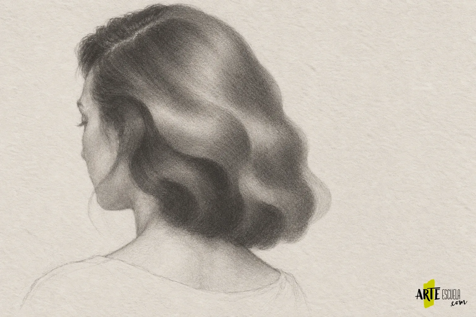 Cómo dibujar cabello a lápiz sin pintar cada pelo Cabello a grafito con masas oscuras en raíces y nuca y bandas claras reservadas