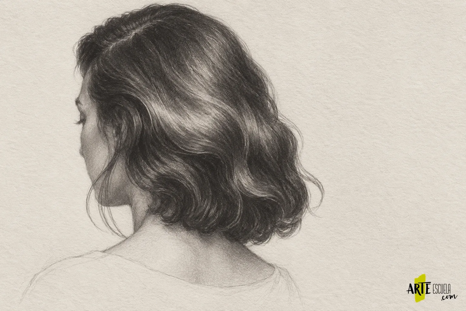 Cómo dibujar cabello a lápiz sin pintar cada pelo Melena ondulada terminada a lápiz, con mechones definidos y brillos curvos que siguen el volumen