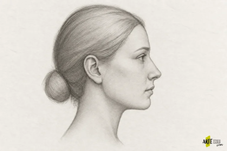 Retrato de perfil terminado a lápiz con volumen de cráneo, cabello recogido y bordes suaves