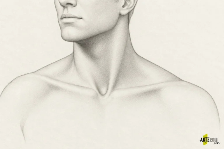 Estudio terminado de cuello y hombros a lápiz con bordes suaves y luces en clavícula y plano frontal
