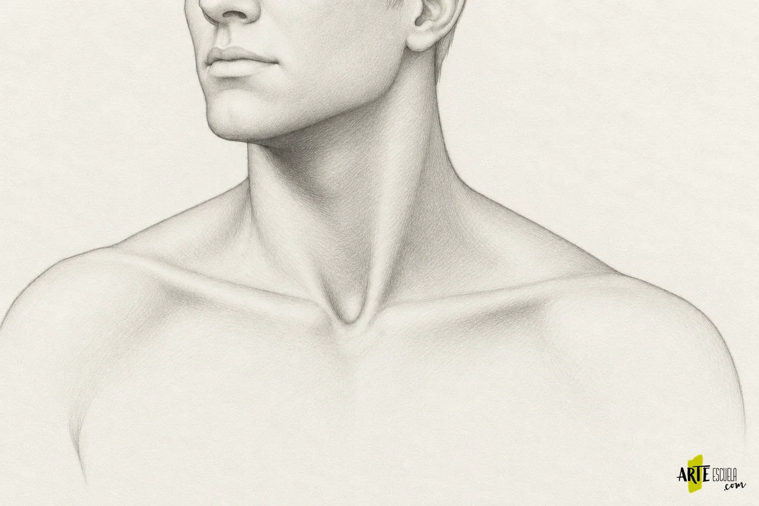 Cuello y hombros en dibujo: cómo unir bien la cabeza al torso Estudio terminado de cuello y hombros a lápiz con bordes suaves y luces en clavícula y plano frontal