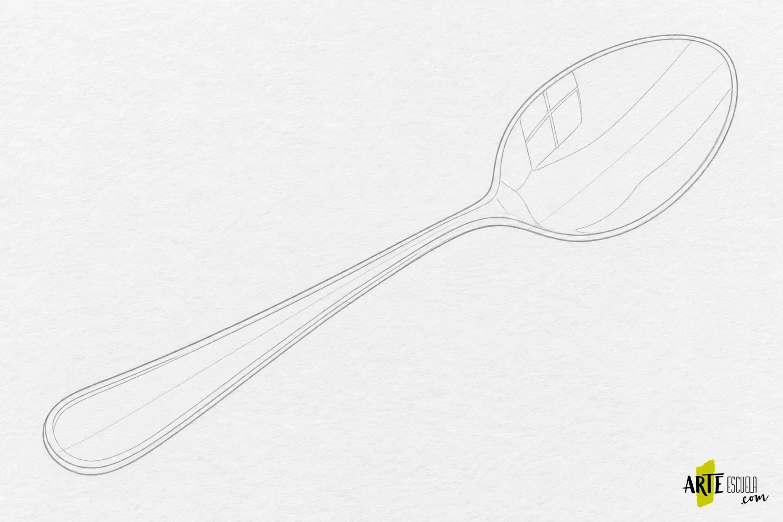 Cómo dibujar metal a lápiz: reflejos claros y oscuros en una cuchara Encaje ligero de una cuchara en diagonal con límites de las bandas reflejadas todavía sin sombrear