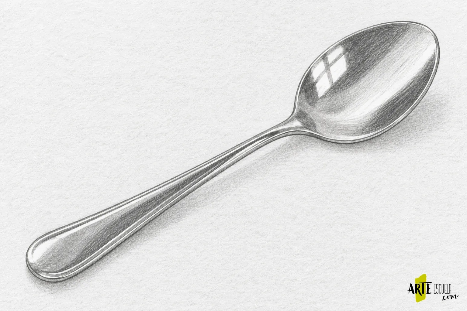 Cómo dibujar metal a lápiz: reflejos claros y oscuros en una cuchara Cuchara dibujada con valores medios y primeras bandas oscuras, conservando reservas blancas