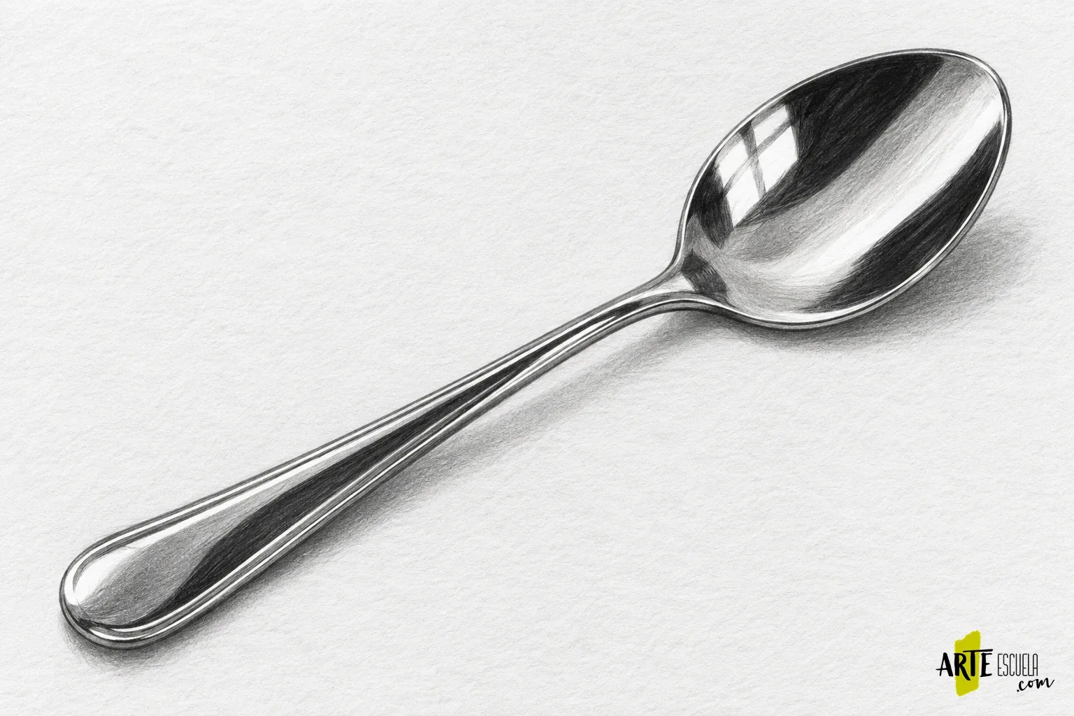 Cómo dibujar metal a lápiz: reflejos claros y oscuros en una cuchara Cuchara metálica terminada a lápiz con bandas oscuras, brillos blancos y sombra suave sobre el papel