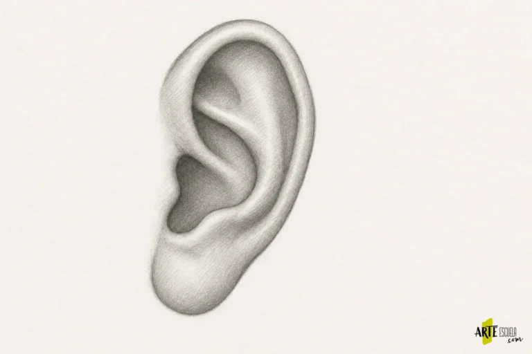 Oreja de perfil terminada a lápiz con luces en el hélix y sombras pequeñas que describen su relieve
