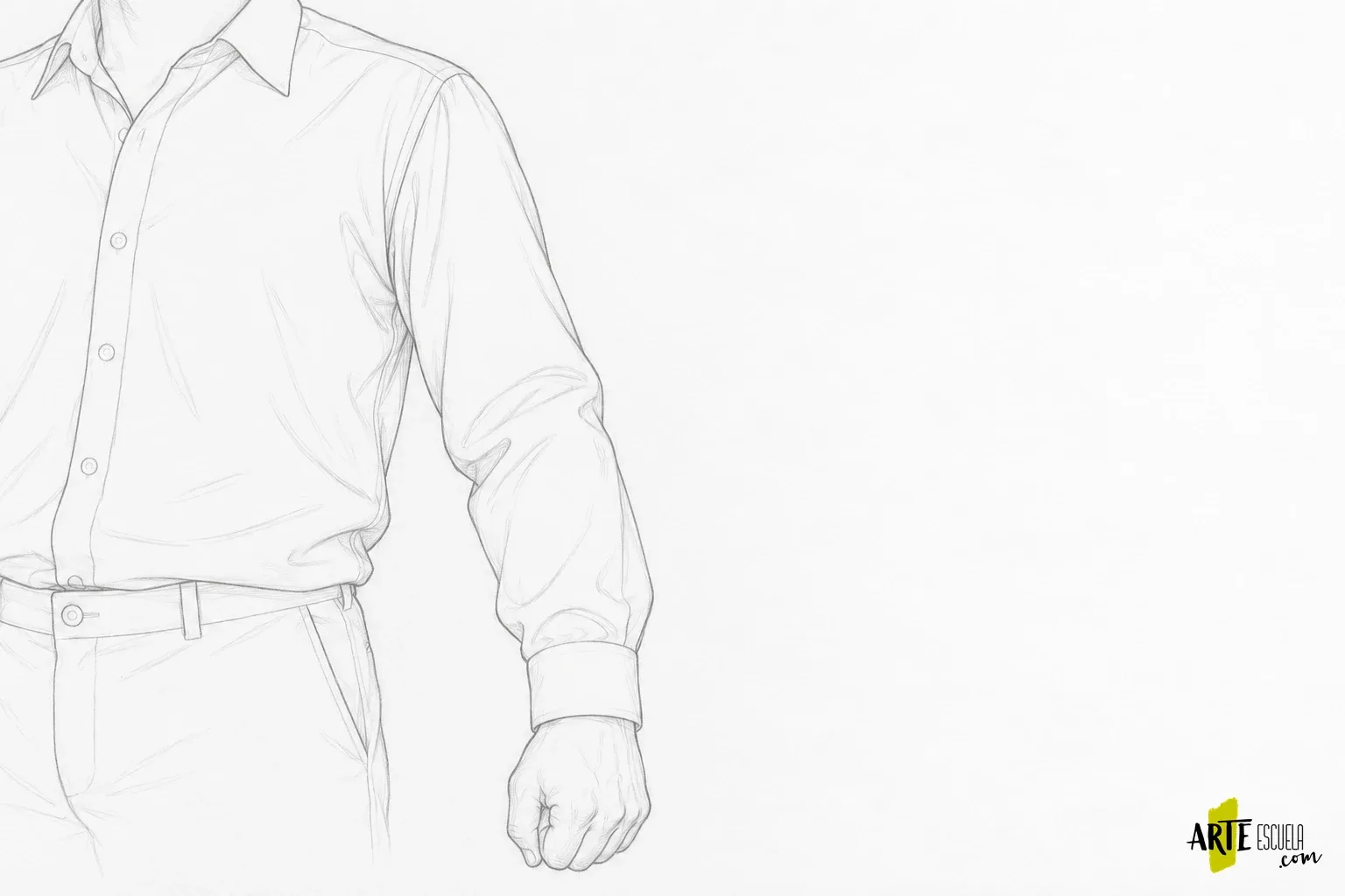 Cómo dibujar ropa y pliegues: encuentra primero los puntos de tensión Encaje a lápiz de una camisa con manga holgada y pliegues principales de axila, codo y puño