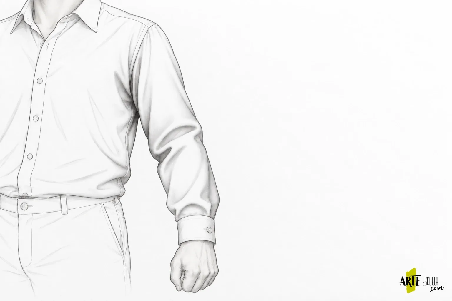 Cómo dibujar ropa y pliegues: encuentra primero los puntos de tensión Dibujo terminado de manga con sombras selectivas en axila y codo y un puño definido