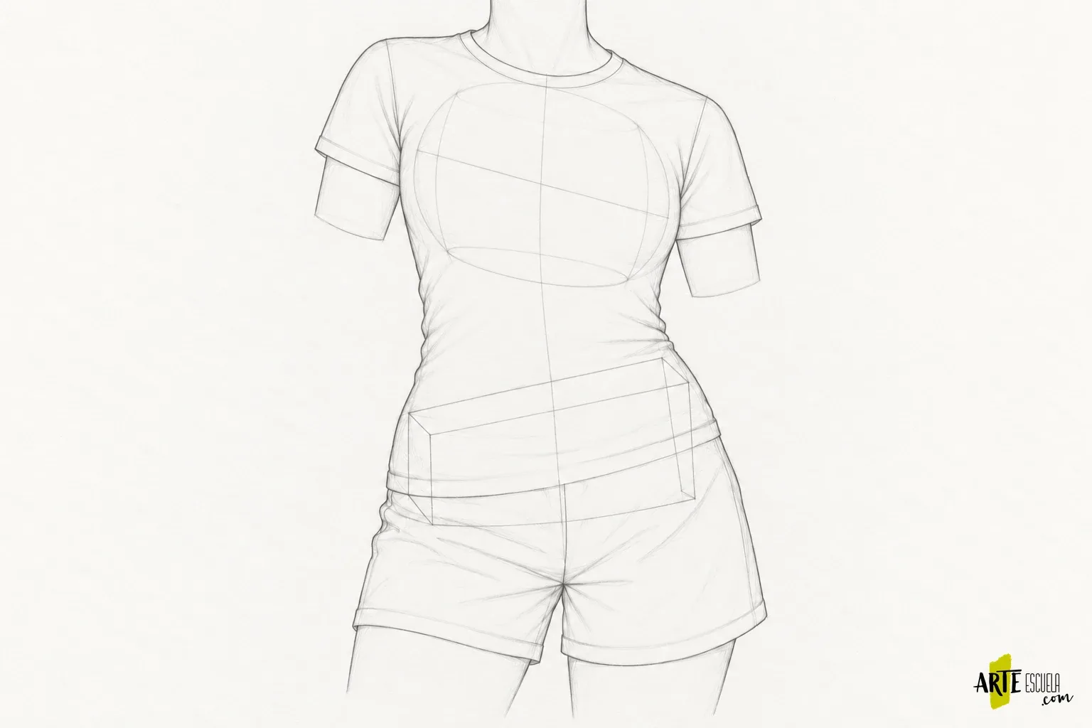 Cómo dibujar el torso: caja torácica y pelvis que se inclinan Encaje de un torso vestido con guías de caja torácica y pelvis inclinadas en sentidos distintos