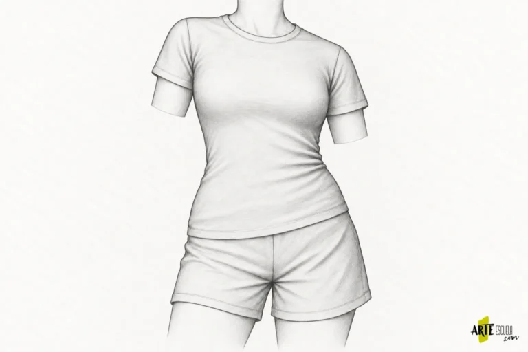 Estudio de un torso con camiseta y pantalón corto que conserva la inclinación entre tórax y pelvis
