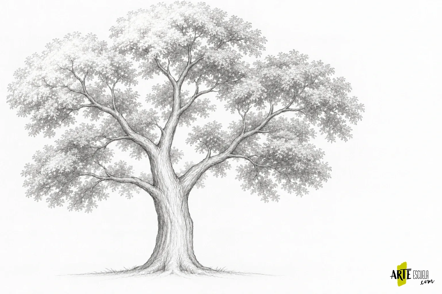 Cómo dibujar un árbol realista a lápiz: tronco, ramas y masas de follaje Árbol a lápiz con grupos de follaje en grises medios y huecos blancos entre ramas