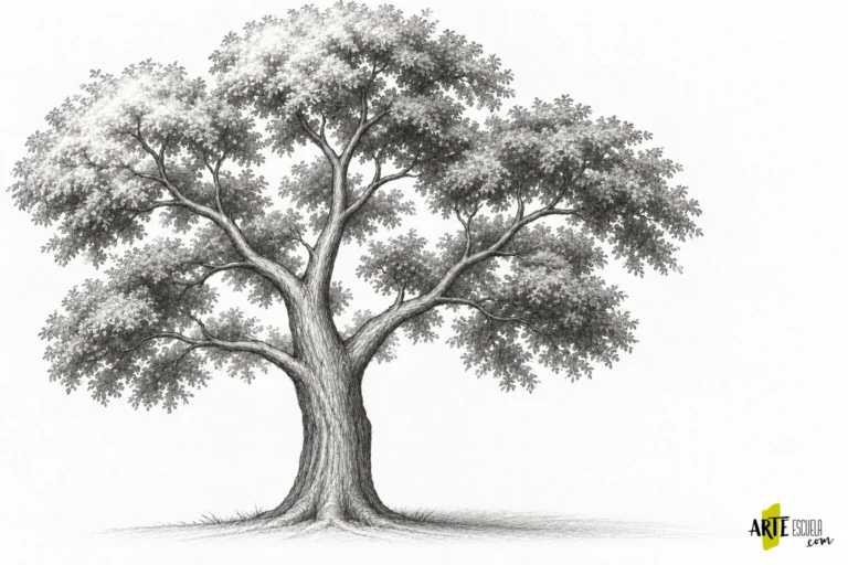 Árbol terminado a grafito con sombras bajo la copa, corteza y sombra de apoyo