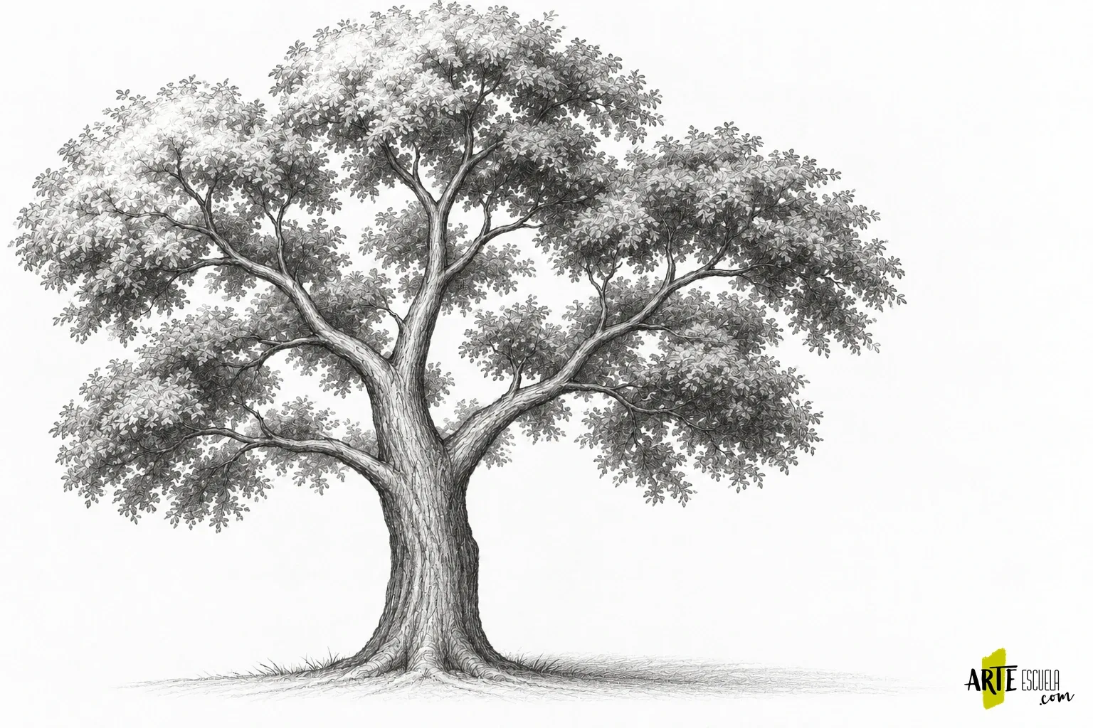 Cómo dibujar un árbol realista a lápiz: tronco, ramas y masas de follaje Árbol terminado a grafito con sombras bajo la copa, corteza y sombra de apoyo