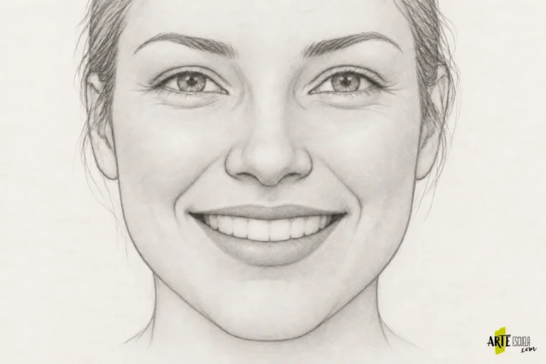 Sonrisa terminada a grafito con divisiones dentales suaves y mejillas integradas