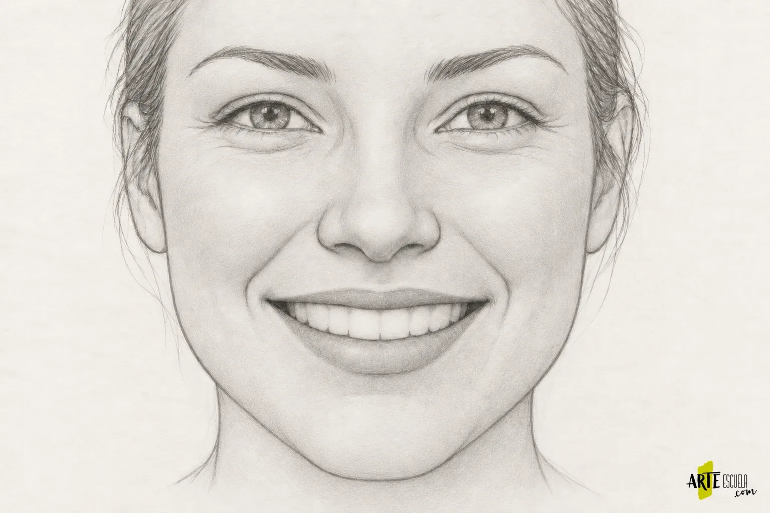 Cómo dibujar una sonrisa: dientes, labios y mejillas sin líneas duras Sonrisa terminada a grafito con divisiones dentales suaves y mejillas integradas