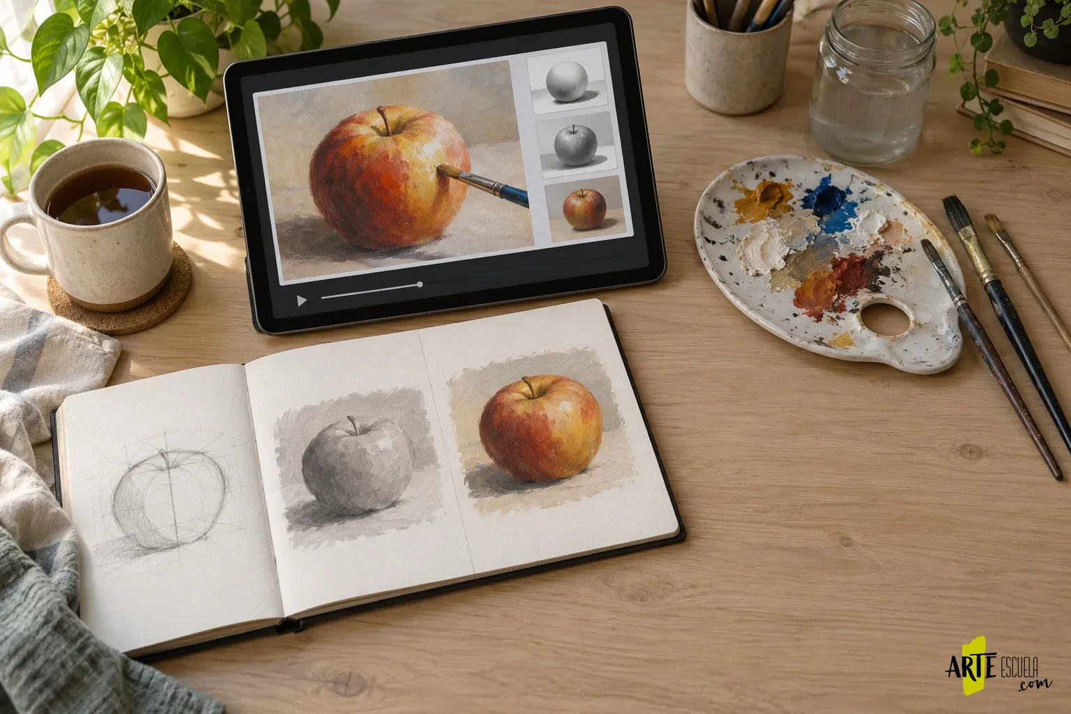 Cómo elegir un curso de pintura online: temario, ejercicios y correcciones que conviene comprobar Mesa de estudio con una lección de pintura en pantalla y ejercicios de encaje, valores y color sobre una manzana