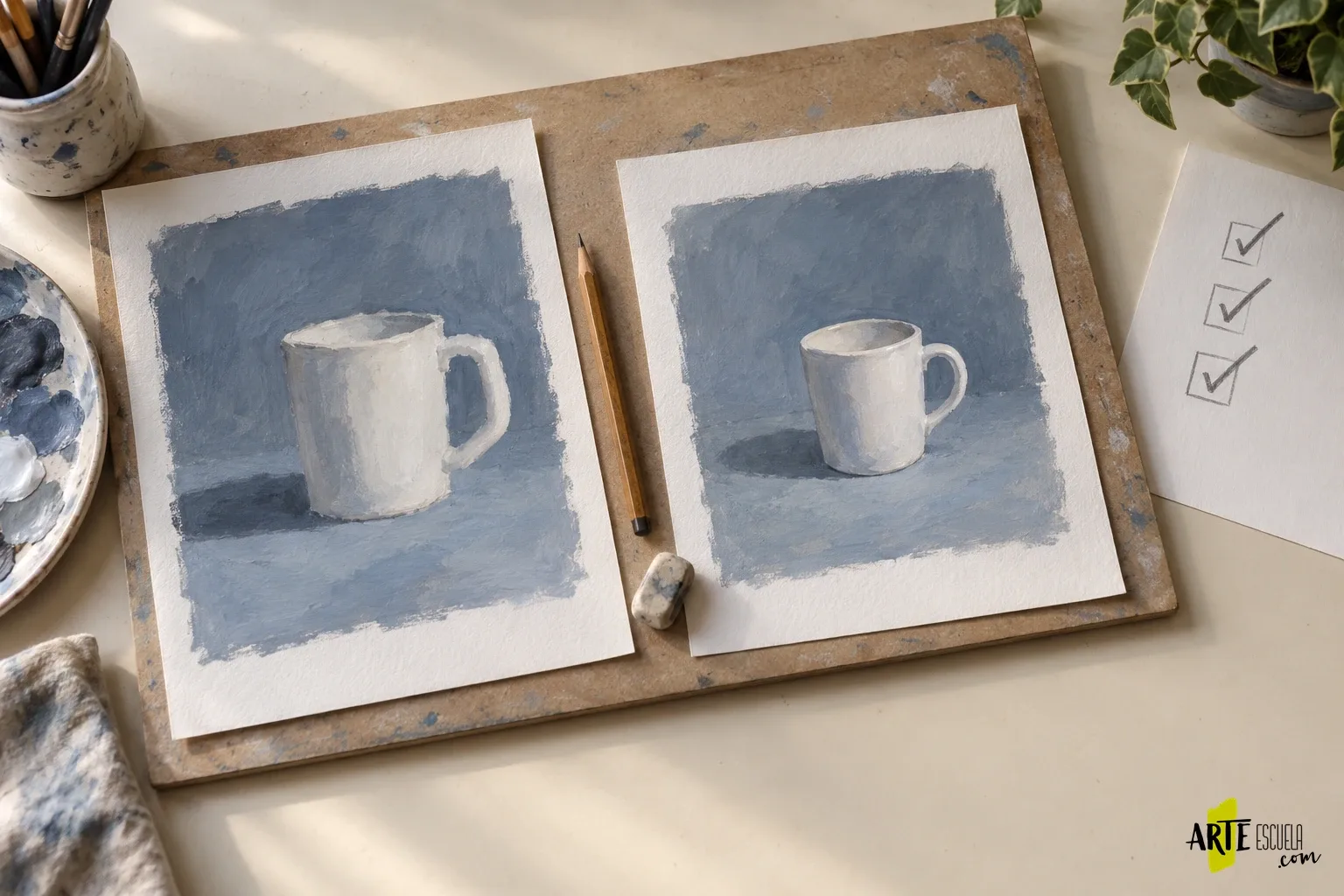 Cómo elegir un curso de pintura online: temario, ejercicios y correcciones que conviene comprobar Dos estudios de una taza blanca sobre fondo azul gris para comparar proporción, asa y sombra de apoyo