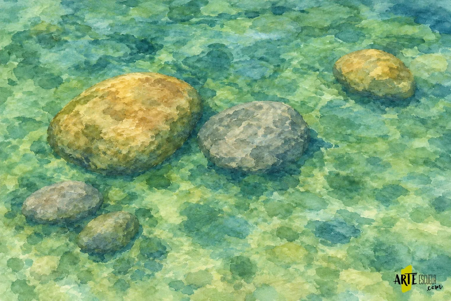 Piedras sumergidas definidas bajo una capa verde azulada, antes de añadir las ondulaciones