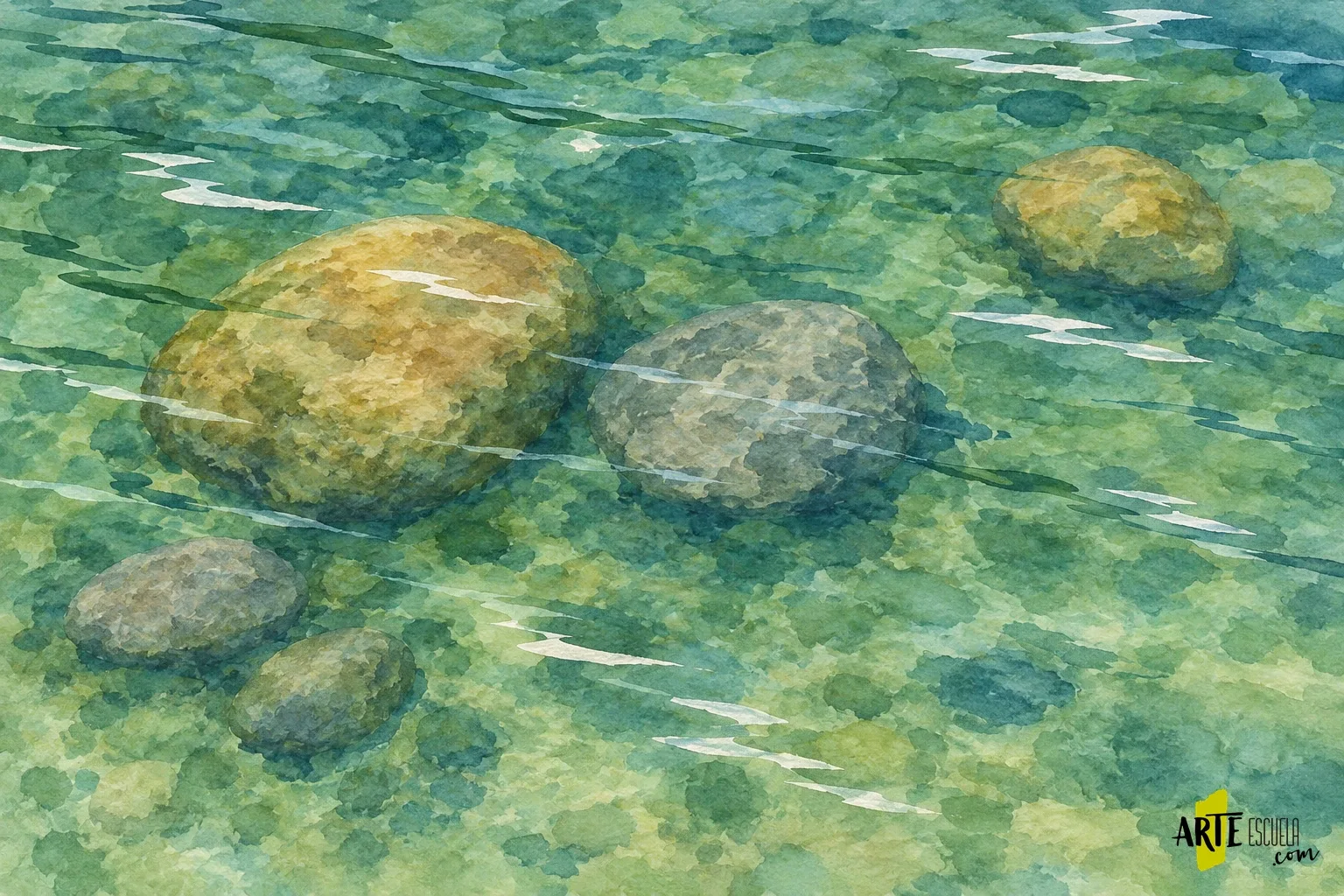 Agua transparente pintada con acuarela, con piedras visibles y pequeños reflejos claros en la superficie