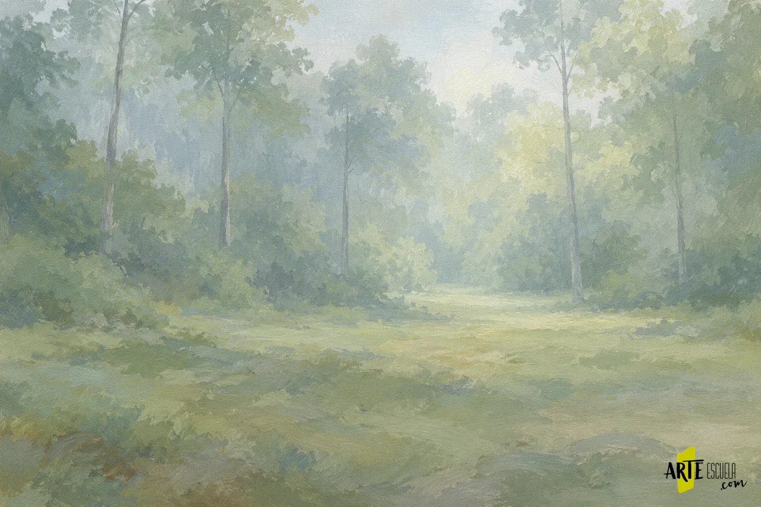 Cómo pintar un bosque con acrílico: profundidad entre troncos Fondo claro del bosque con abertura luminosa y troncos lejanos poco contrastados
