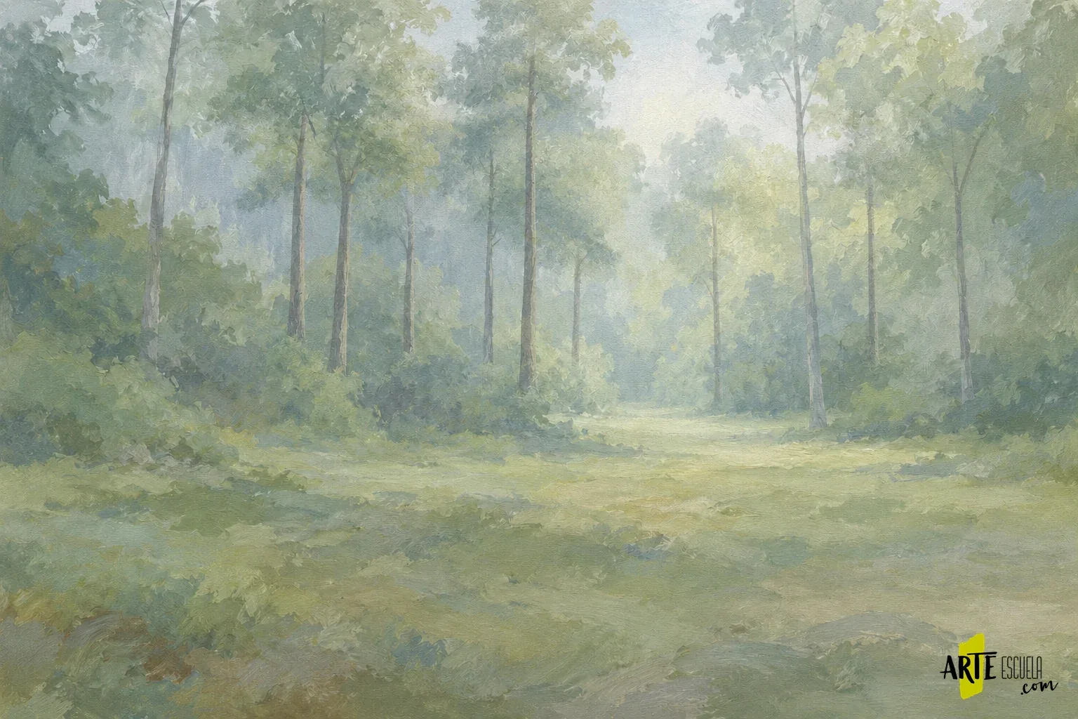 Cómo pintar un bosque con acrílico: profundidad entre troncos Bosque con un grupo intermedio de troncos de distinta anchura delante del fondo claro
