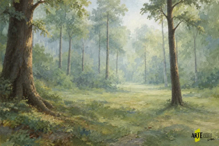 Bosque acrílico terminado con dos troncos cercanos oscuros y profundidad hacia un claro