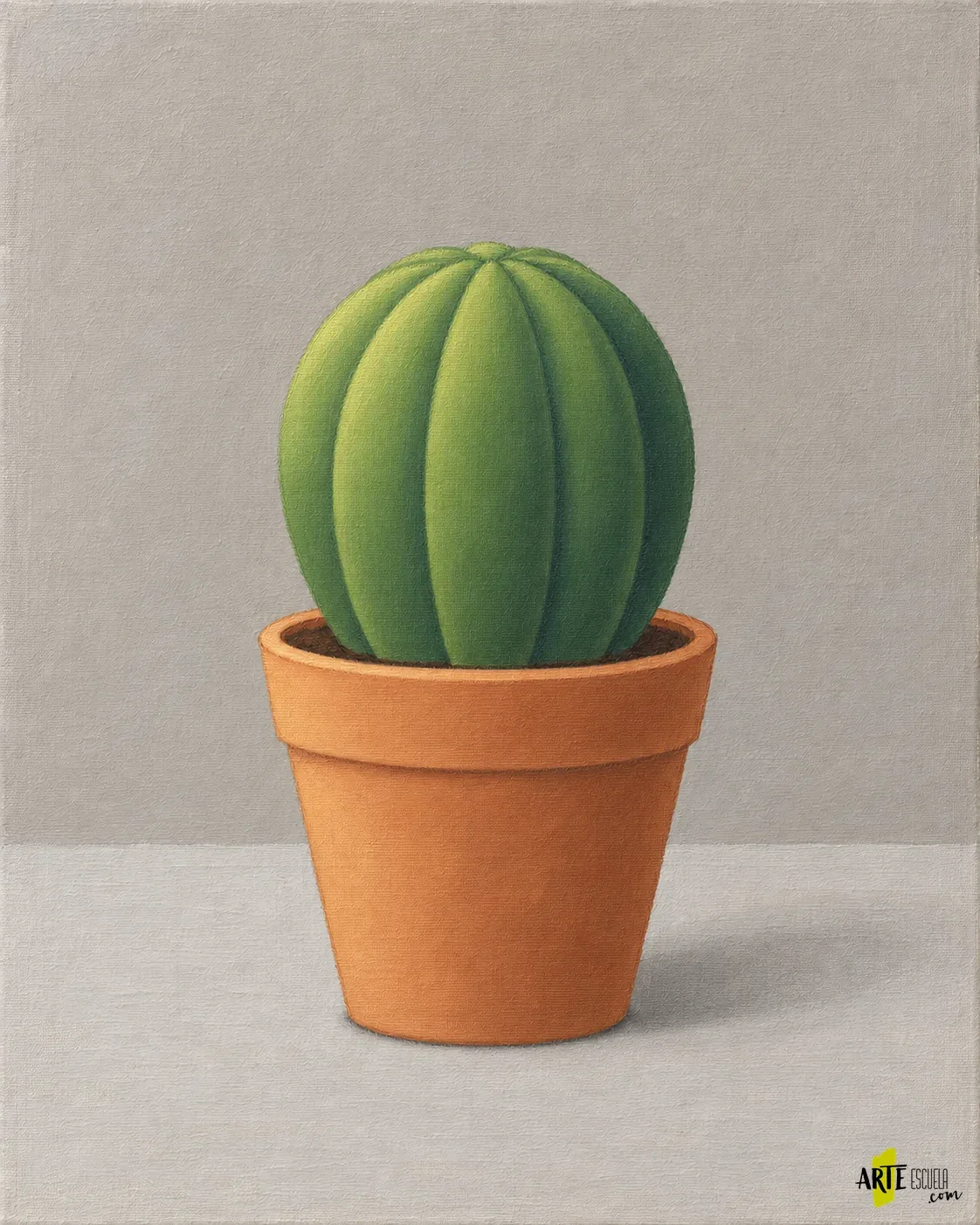 Cómo pintar un cactus con acrílico: volumen y espinas con pocos trazos Cactus verde con costillas modeladas por la luz dentro de una maceta de terracota, sin espinas