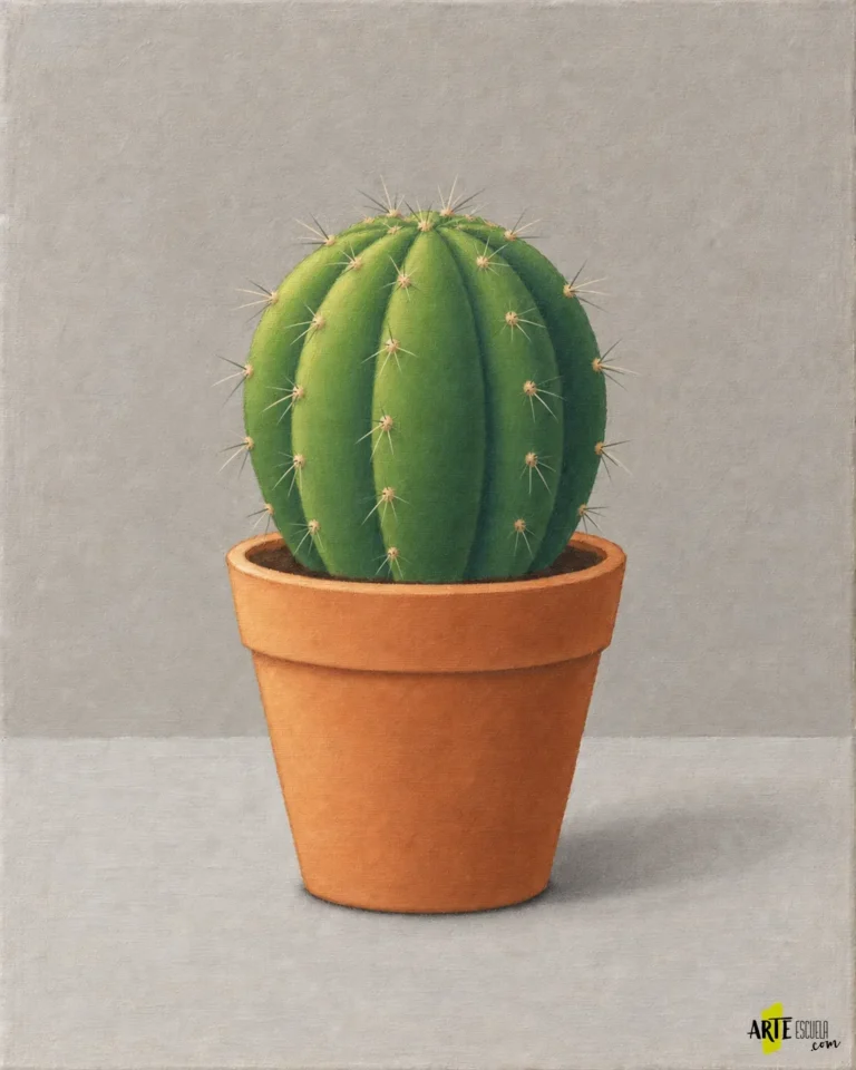 Cactus terminado con grupos de espinas crema sobre costillas verdes y maceta de terracota iluminada desde la izquierda
